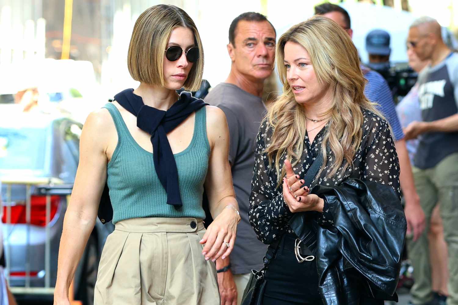 Jessica Biel and Elizabeth Banks are seen on the set of "The Better Sister" on July 11, 2024 in New York City