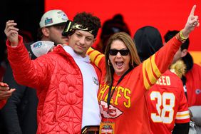 Kansas City Chiefs quarterback and MVP, Patrick Mahomes is joined by his mom, Randi Martin, during the Kansas City Chiefs' victory celebration in Kansas City, Mo., Wednesday, Feb. 15, 2023. The Chiefs defeated the Philadelphia Eagles in the NFL Super Bowl 57 football game.
