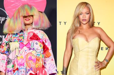 Australian singer-songwriter Sia poses in the press room during the 38th Annual Rock & Roll Hall Of Fame Induction Ceremony at Barclays Center on November 03, 2023 in New York City.; Rihanna Celebrates New Product Launch For Her Fenty Beauty Brand at 7th Street Studios on April 26, 2024 in Los Angeles, California.