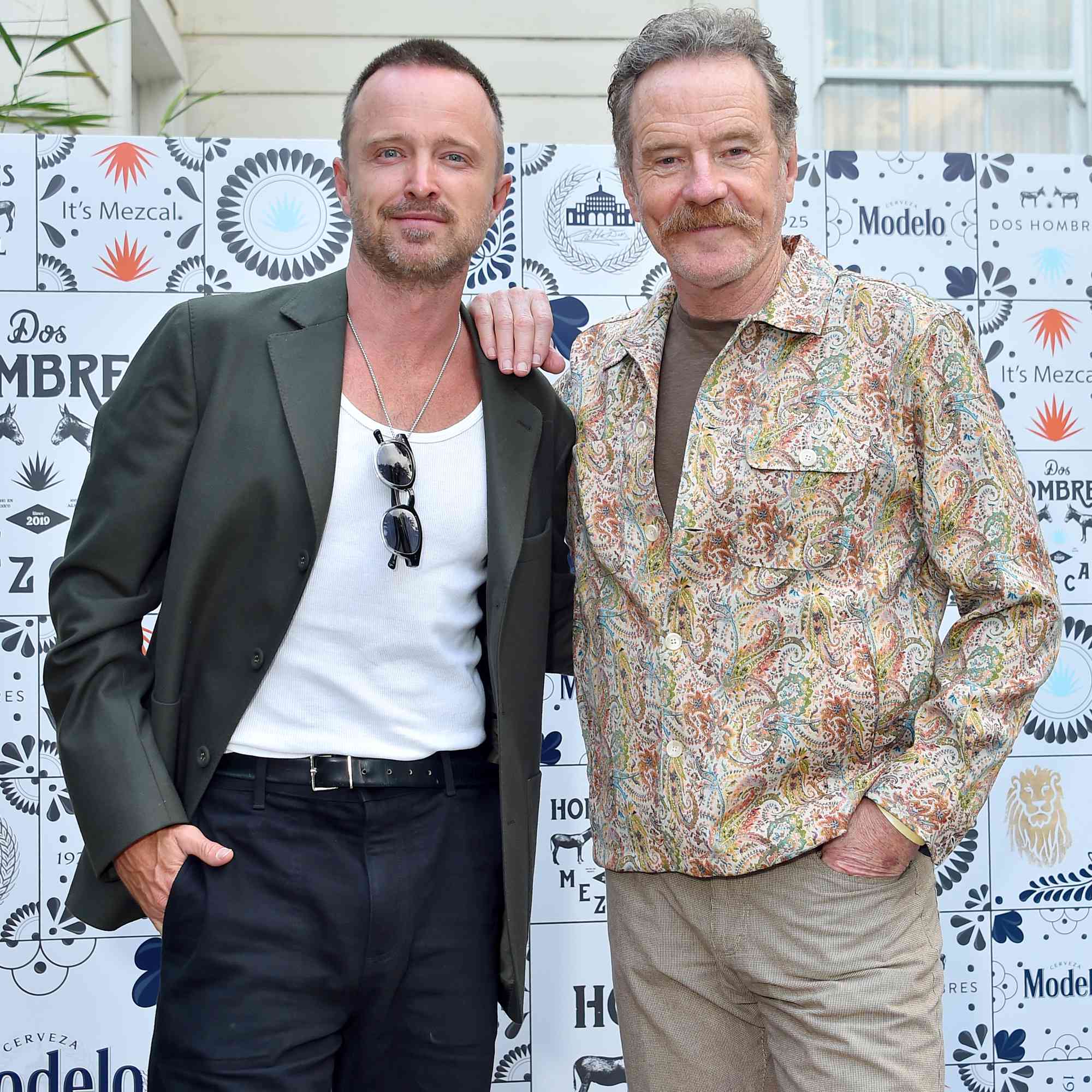 Aaron Paul and Bryan Cranston at the Modelo & Dos Hombres National Michelada Day Celebration held at the Chateau Marmont on July 12, 2024 in Los Angeles, California.