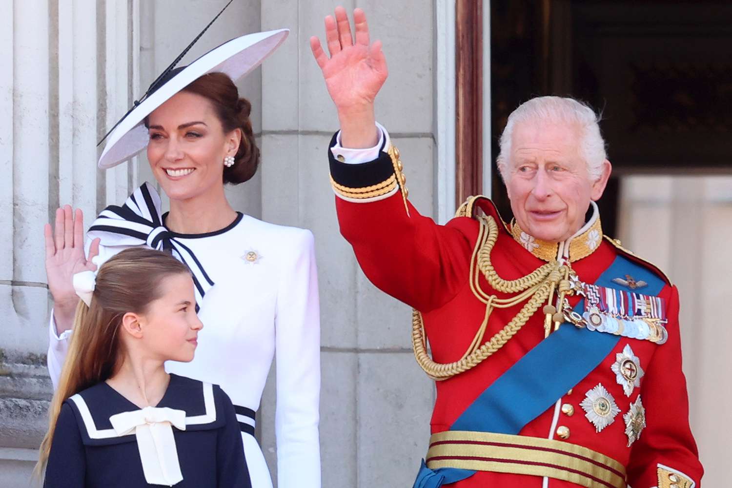 Catherine, Princess of Wales, Princess Charlotte of Wales and King Charles III during Trooping the Colour at Buckingham Palace on June 15, 2024 in London