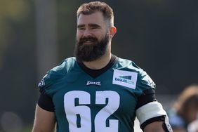ason Kelce #62 of the Philadelphia Eagles looks on during training camp at the NovaCare Complex on July 28, 2021 in Philadelphia, Pennsylvania