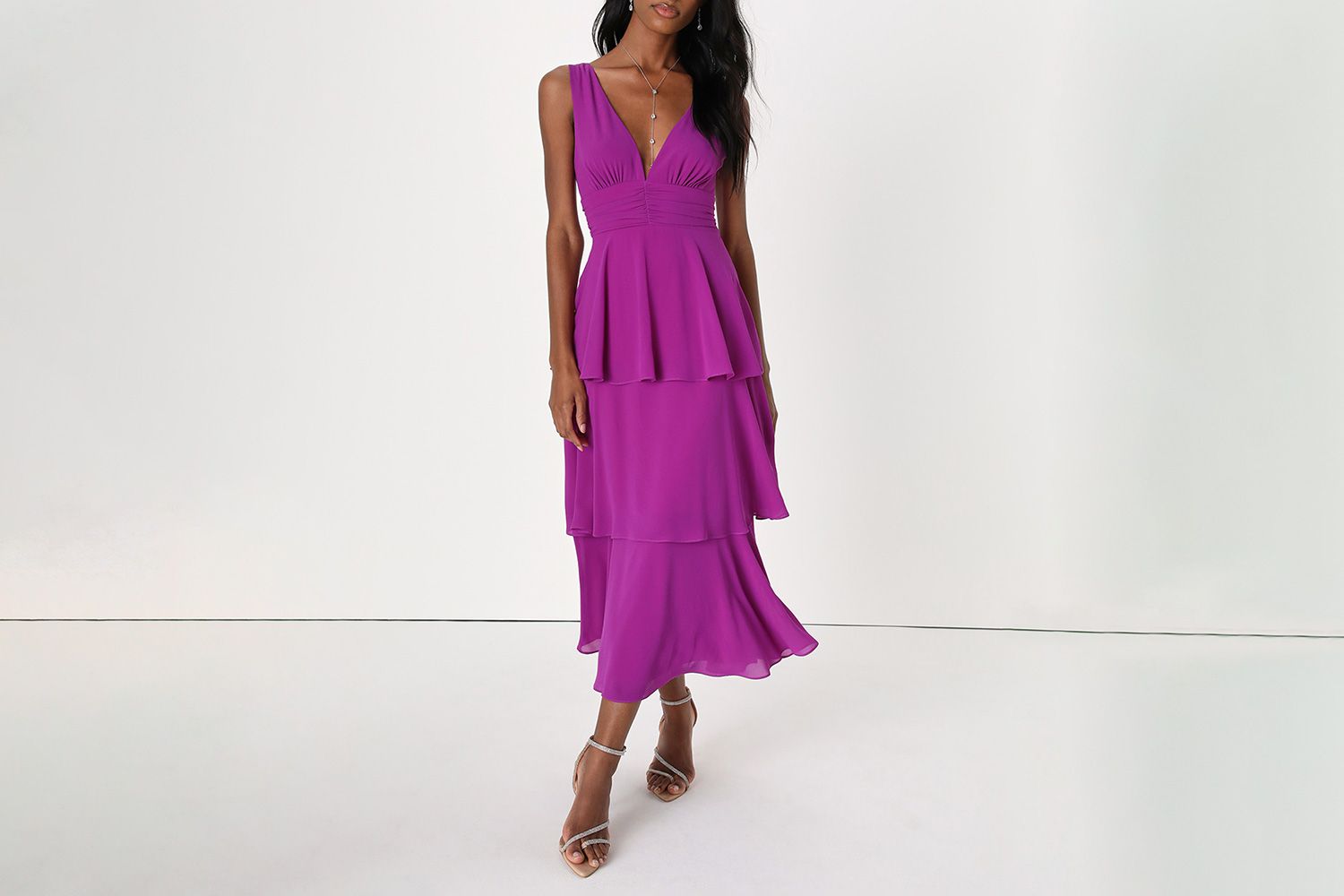 Celebration Time Purple Sleeveless Tiered Midi Dress