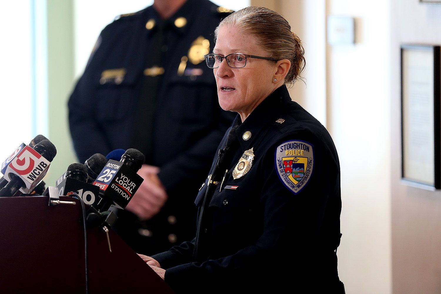 Stoughton police chief Donna McNamara at a morning news conference. The chief spoke about an internal investigation that found three officers had an inappropriate relationship with a young woman who killed herself last year.