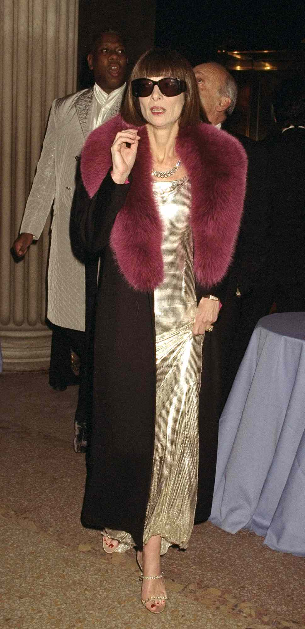 Anna Wintour arrives with sunglasses attending Metropolitan Museum of Art Costume Institute gala to introduce Gianni Versace Exhibition.