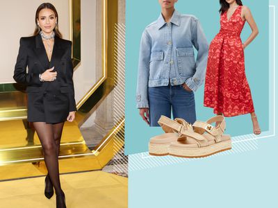 Jessica Alba next to sandals and two outfits we recommend on a blue background