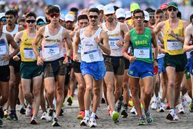 Massimo Stano of Italy, Caio Bonfim of Brasil and Paul McGrath of Spain during Men's 20km Race Walk on day six of the Olympic Games Paris 2024 at trocadero on August 01, 2024