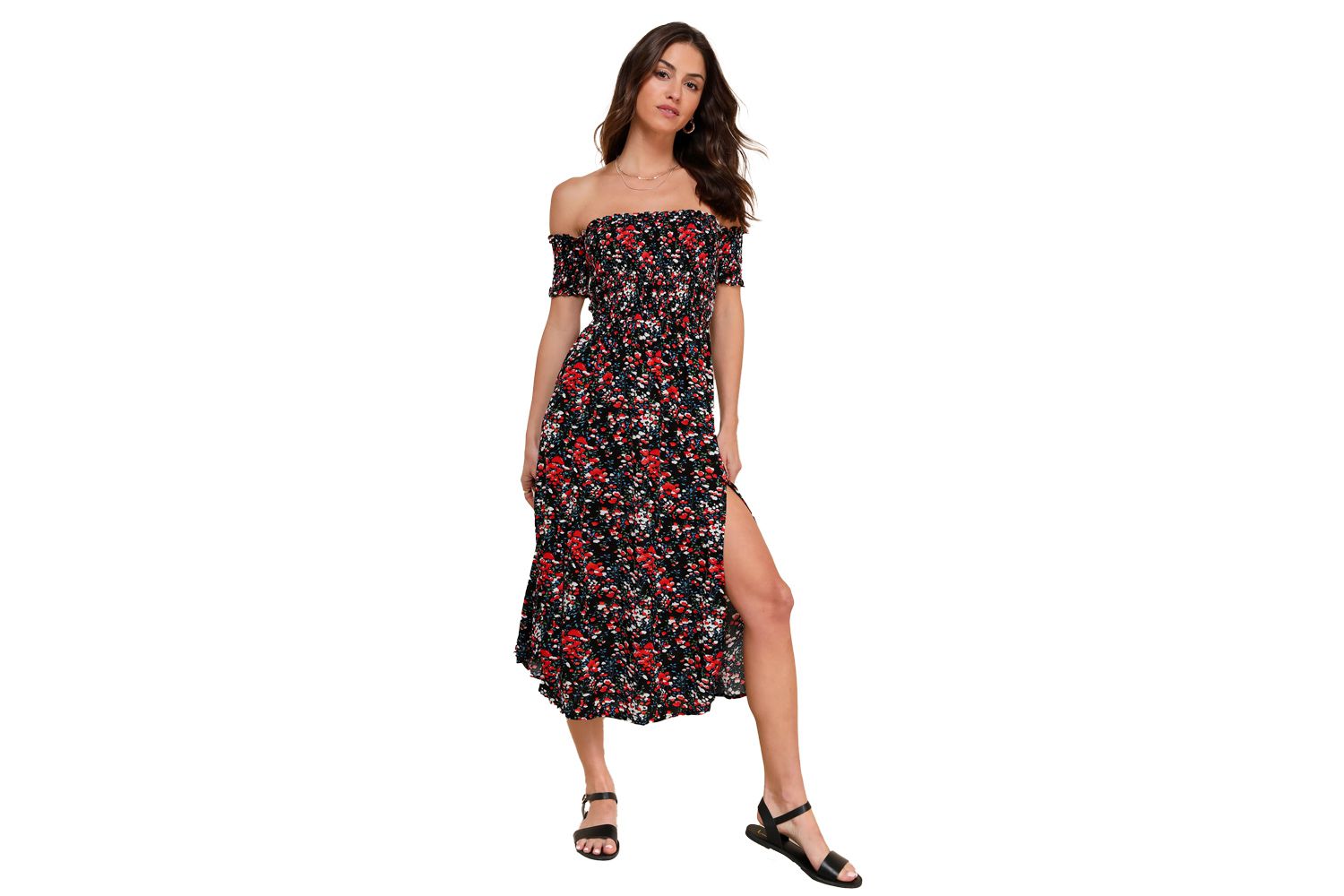 Lulu's Meadow Black Floral Print Off-the-Shoulder Dress