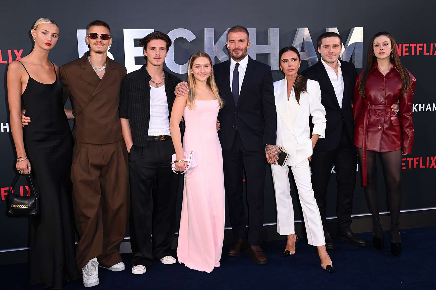 Mia Regan, Romeo Beckham, Cruz Beckham, Harper Beckham, David Beckham, Victoria Beckham, Brooklyn Beckham and Nicola Peltz attend the Netflix 'Beckham' UK Premiere