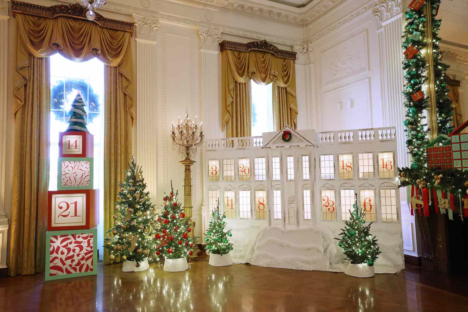 The East Room has a countdown to Christmas theme during a media preview of the 2023 holiday decorations at the White House November 27, 2023