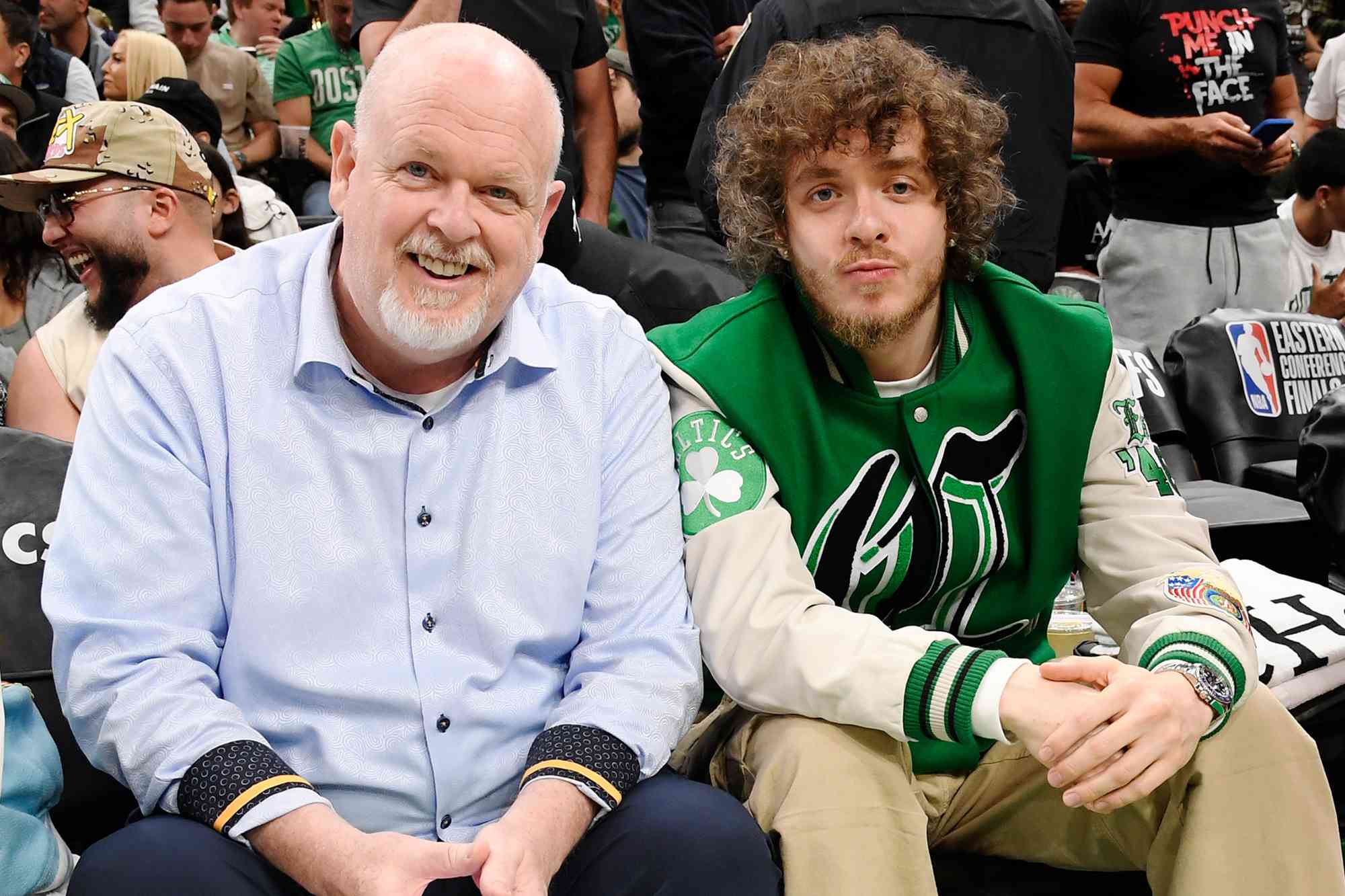 Jack Harlow and his dad Brian Harlow sit court side during round 3 game 7 of the Eastern Conference finals 2023 NBA Playoffs between the Miami Heat and Boston Celtics on May 29, 2023.