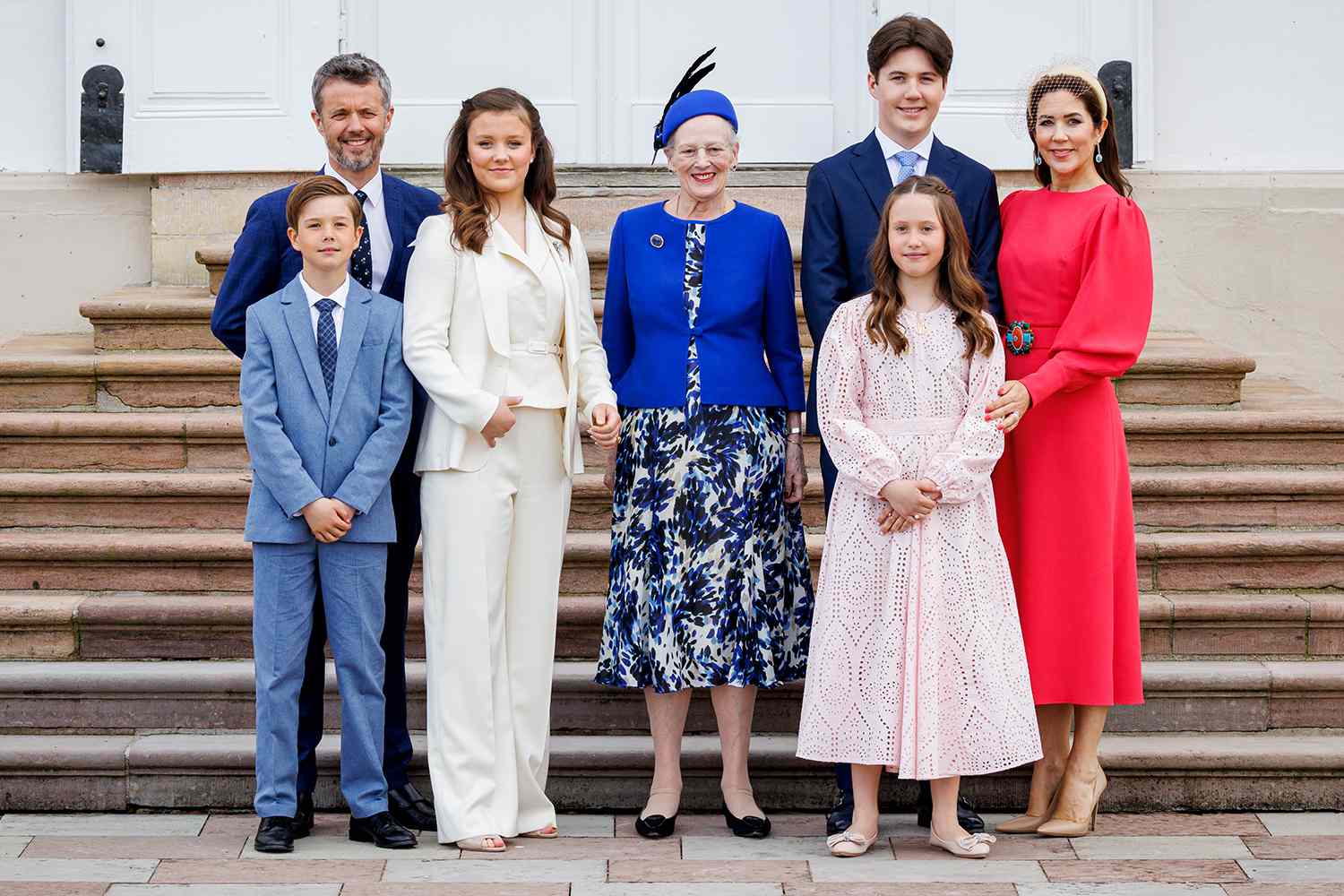 Queen Margrethe of Denmark, Crown Prince Frederik of Denmark, Crown Princess Mary of Denmark, Prince Christian of Denmark, Princess Isabella of Denmark, Princess Josephine of Denmark and Prince Vincent of Denmark during the confirmation of Princess Isabella of Denmark at Fredensborg Palace on April 30, 2022 in Fredensborg, Denmark.