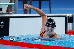 Katie Ledecky of Team United States celebrates after winning gold in the Women's 1500m Freestyle Final on day five of the Olympic Games Paris 2024 at Paris La Defense Arena on July 31, 2024 in Nanterre, France.