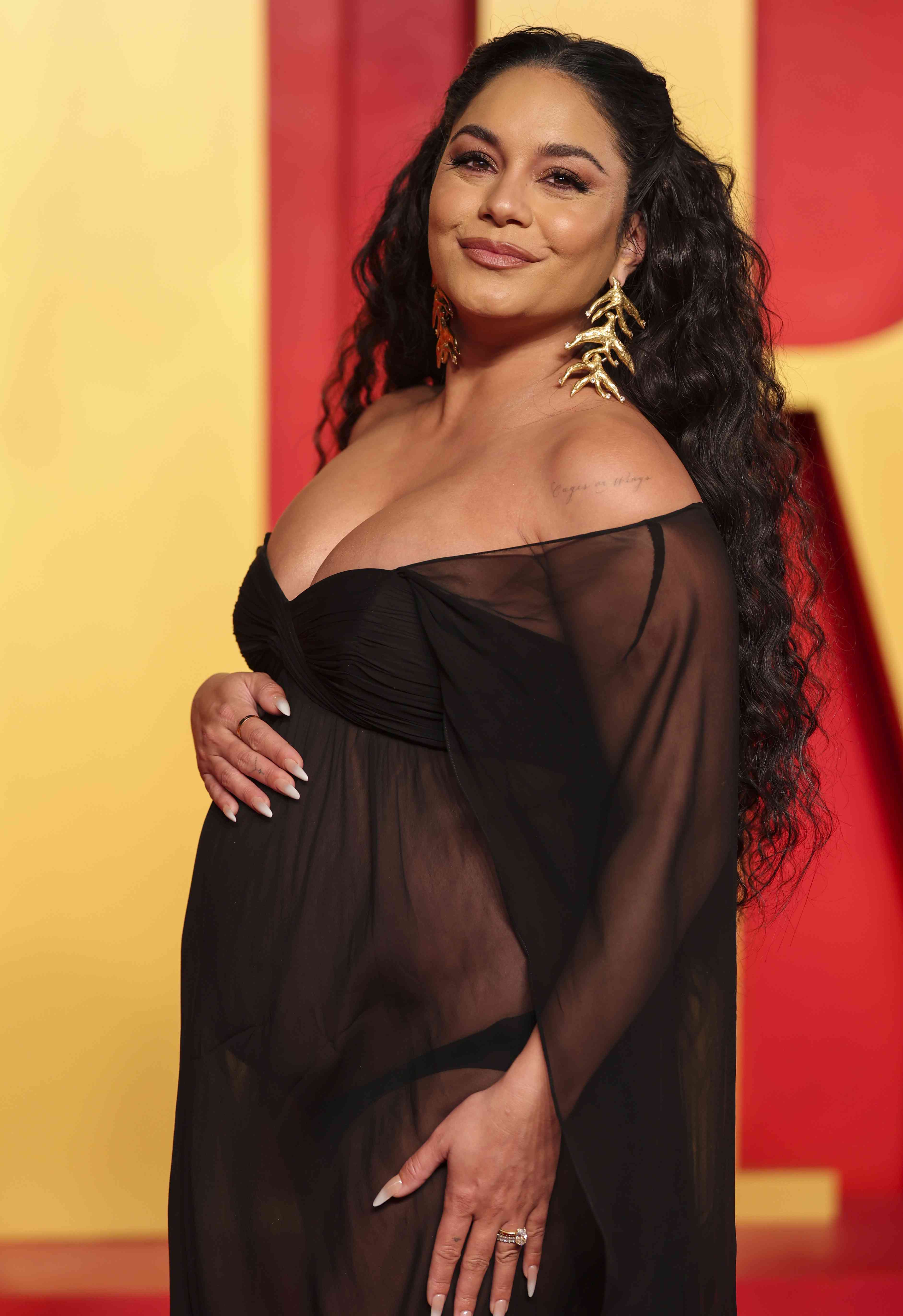 Vanessa Hudgens pregnant baby bump sheer dress oscars 03 10 24 los angeles