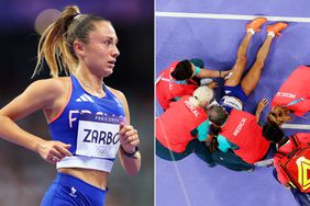 Alessia Zarbo of Team France competes in the Women's 10,000m Final on day fourteen of the Olympic Games Paris 2024 at Stade de France on August 09, 2024 in Paris, France; Margaret Chelimo Kipkemboi of Team Kenya leads the pack as Alessia Zarbo of Team France receives medical attention in the Women's 10,000m Final on day fourteen of the Olympic Games Paris 2024 at Stade de France on August 09, 2024 in Paris, France