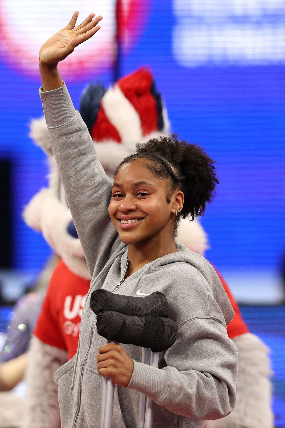 MINNEAPOLIS, MINNESOTA - JUNE 28: Skye Blakely waves to the crowd after being injured on Day Two of the 2024 U.S. Olympic Team Gymnastics Trials at Target Center on June 28, 2024 in Minneapolis, Minnesota.