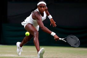 Cori Gauff returns against Slovakia's Magdalena Rybarikova during their women's singles second round match on the third day of the 2019 Wimbledon Championships