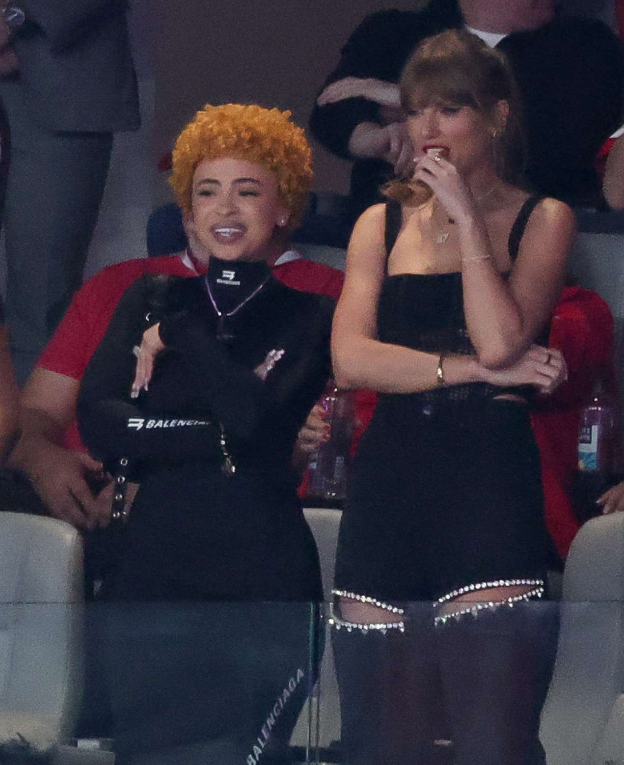 Ice Spice and Taylor Swift at the Super Bowl LVIII Pregame held at Allegiant Stadium on February 11, 2024