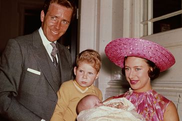 Princess Margaret (1930 - 2002) with Lord Snowdon and Viscount Linley at Kensington Palace shortly after the birth of her daughter, Lady Sarah Armstrong-Jones