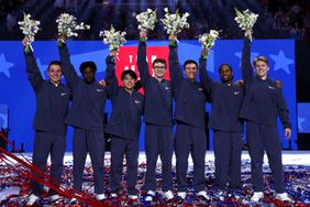 Paul Juda, Fred Richard, Asher Hong, Stephen Nedoroscik, Brody Malone, Khoi Young and Shane Wiskus pose after being selected for the 2024