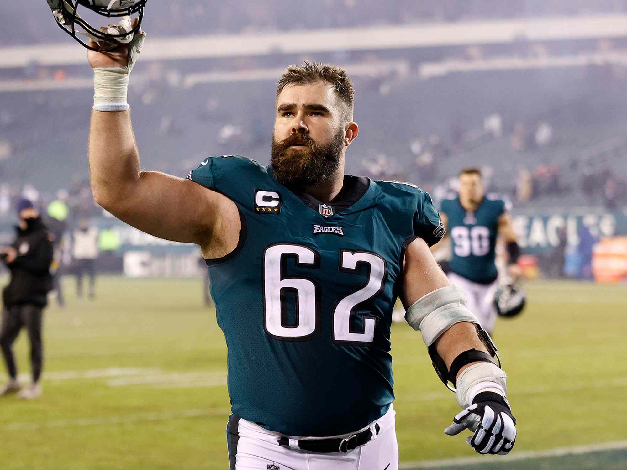 Jason Kelce #62 of the Philadelphia Eagles walks off the field after defeating the Washington Football Team at Lincoln Financial Field on December 21, 2021 in Philadelphia, Pennsylvania