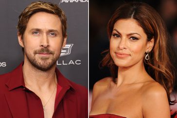 Ryan Gosling poses in the press room of the 76th Directors Guild of America Awards on February 10, 2024. ; Eva Mendes attends the "La dolce vita" world restoration premiere during The 5th International Rome Film Festival on October 30, 2010. 