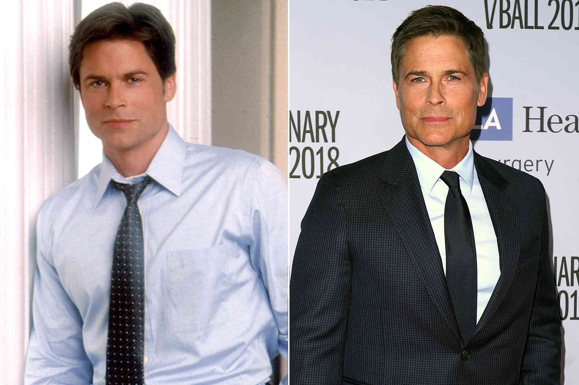 Rob Lowe in two photos, one as Sam Seaborn on "The West Wing" and the other a shot at an awards event in 2018.