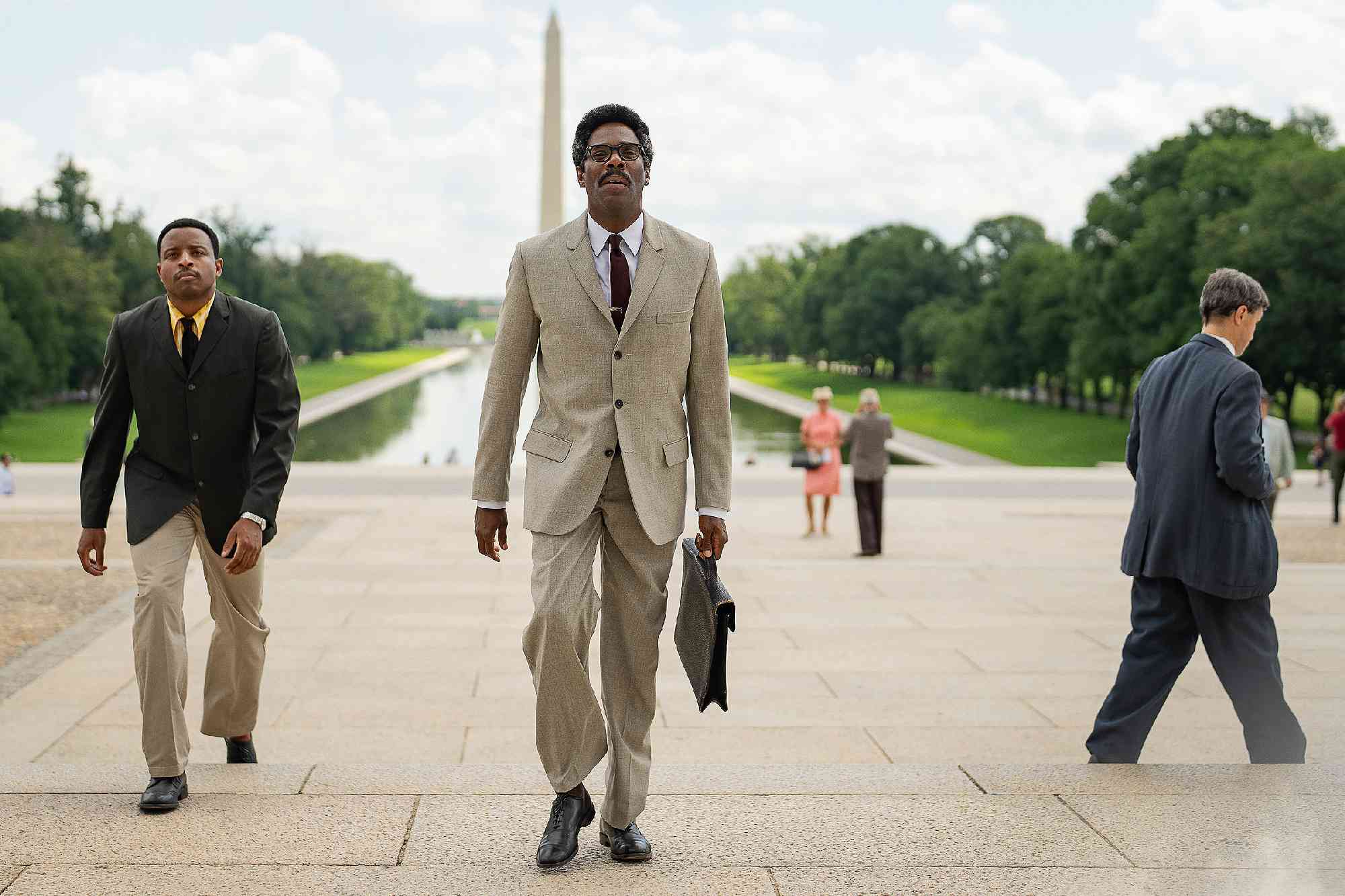 Aml Ameen as Martin Luther King and Colman Domingo as Bayard Rustin in Rustin.