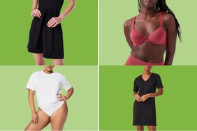 Collage of four Spanx clothing items we recommend on a green background