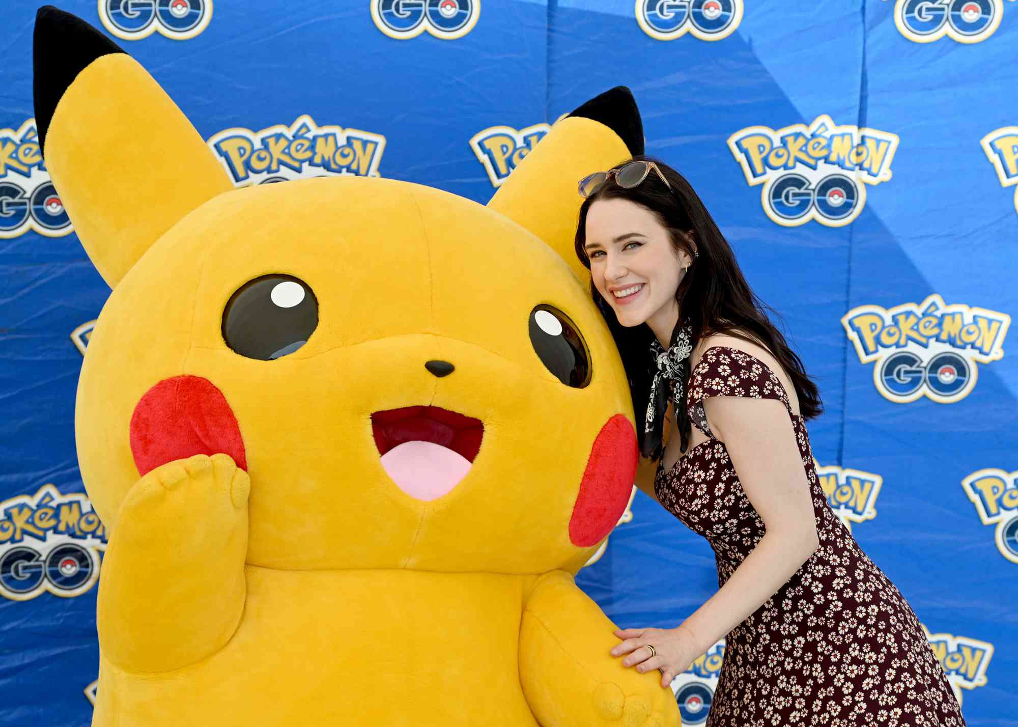  Rachel Brosnahan poses with Pikachu at PokÃÂ©mon GO Fest 2024: New York City at RandallÃ¢ÂÂs Island Park on July 06, 2024 in New York City. 