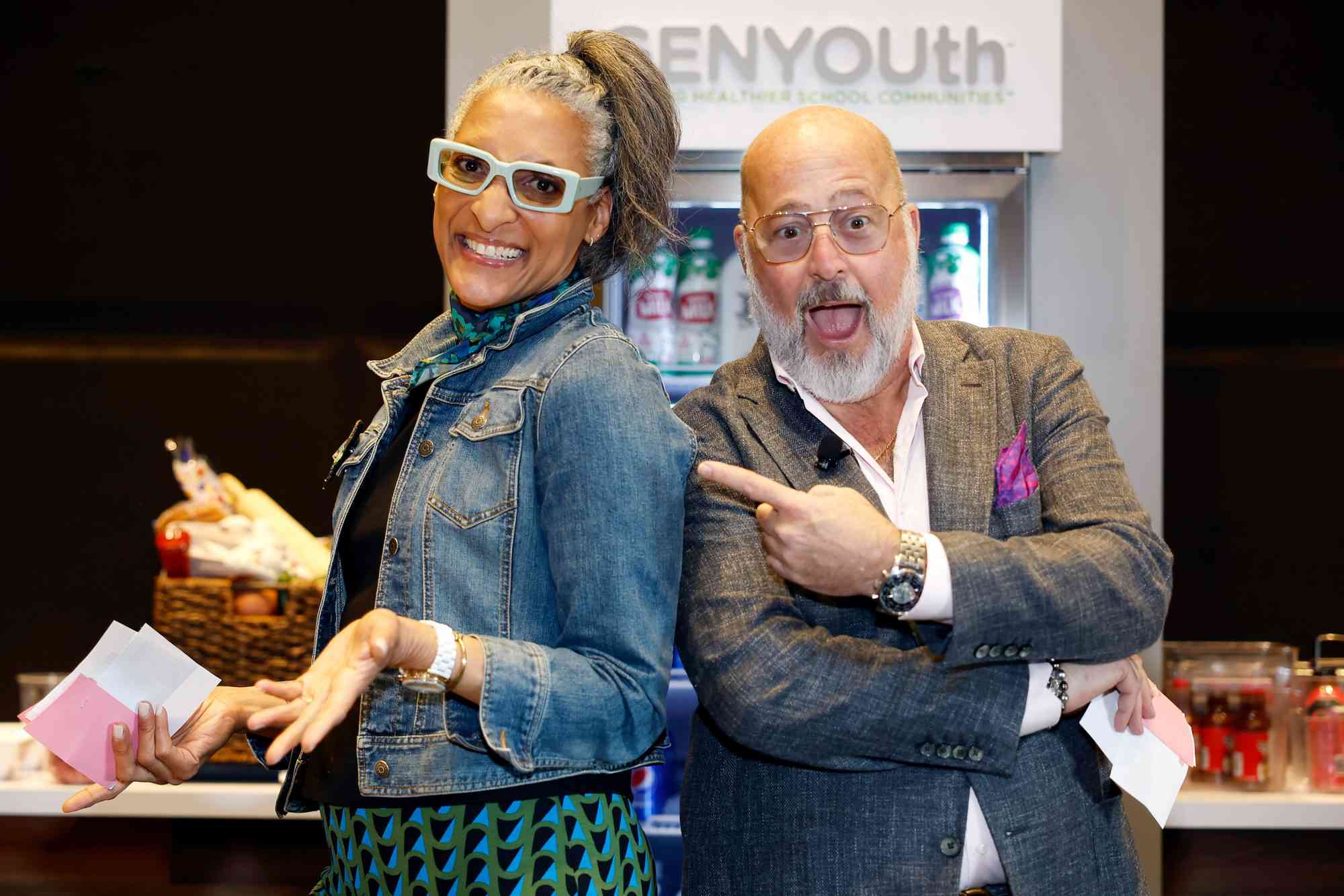 PHOENIX, ARIZONA - FEBRUARY 11: (L-R) Celebrity Chefs Carla Hall and Andrew Zimmern spotted at Taste of the NFL during Super Bowl weekend at Chateau Luxe on February 11, 2023 in Phoenix, Arizona. The event supports GENYOUth, a national non-profit organization which creates healthier school communities, in partnership with Frito-Lay, Quaker and the PepsiCo Foundation to end student hunger. (Photo by Tasos Katopodis/Getty Images for GENYOUth)