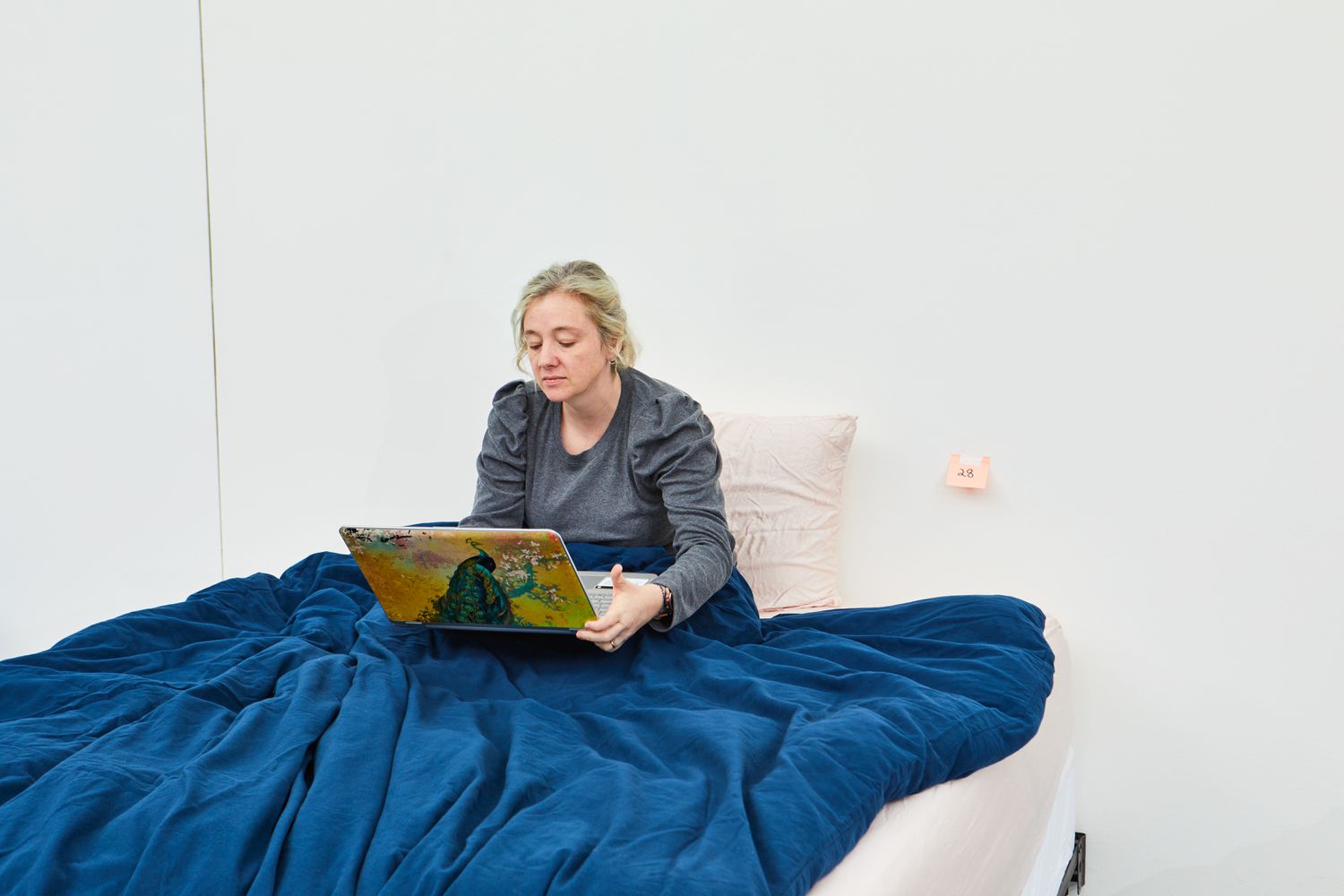 Person sitting in a bed using laptop covered with L.L. Bean Ultrasoft Comfort Flannel Comforter Cover