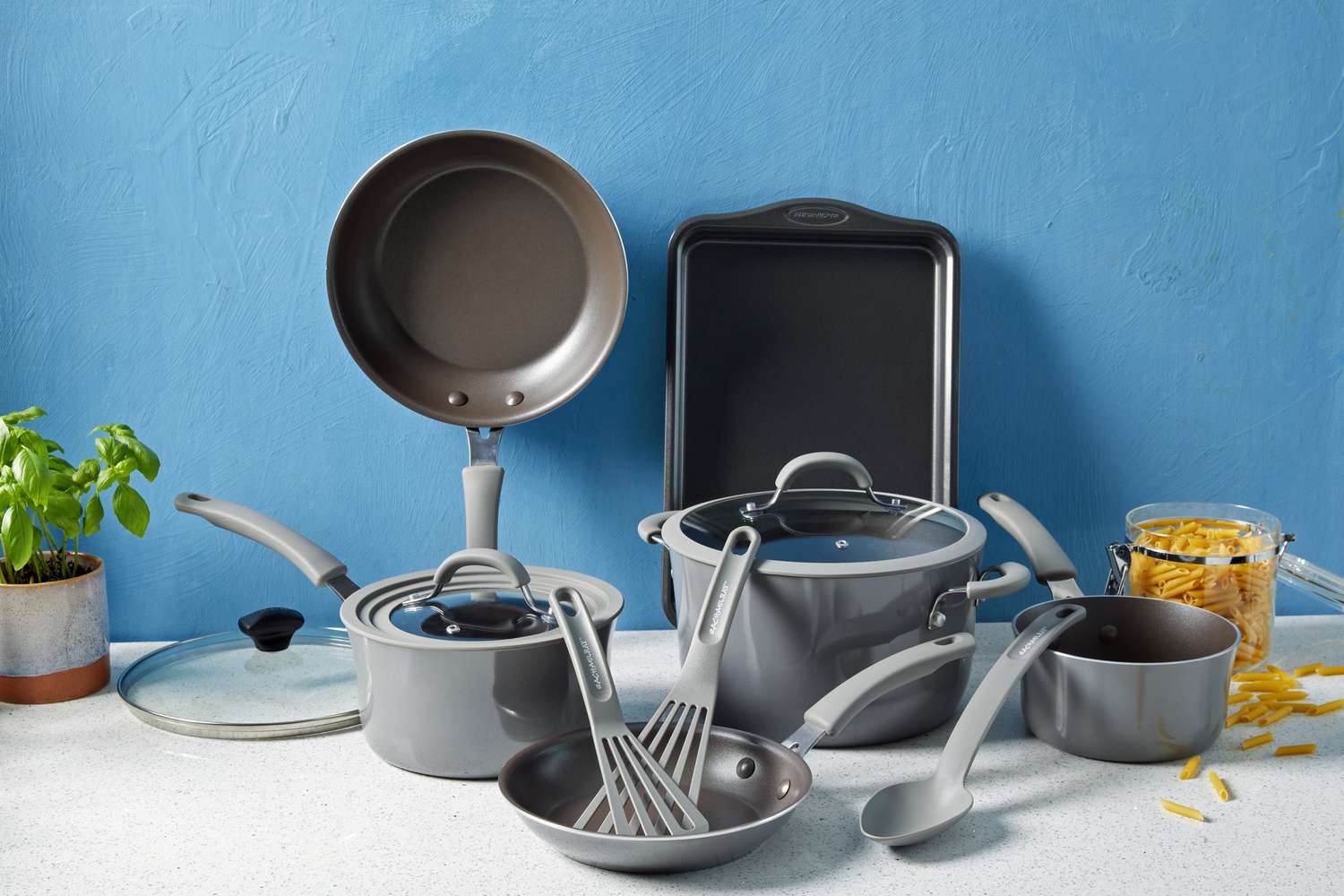 The Rachel Ray Cook + Create 11-Piece Nonstick Cookware Set in a kitchen