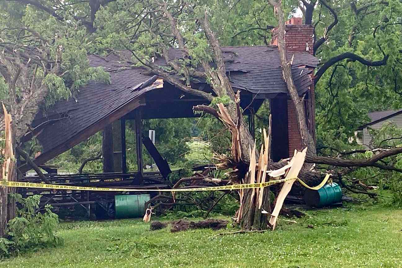 Several trees slammed into a structure at Rotary Park in Livonia, MIch., Wednesday, June 5, 2024 as a tornado tore through the western Wayne County community