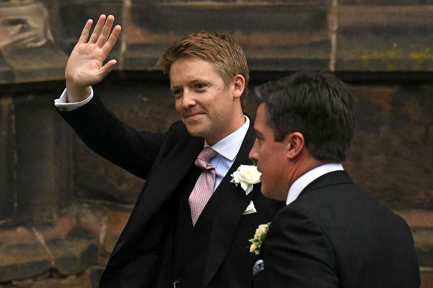 Hugh Grosvenor, Duke of Westminster (L), arrives for his wedding at Chester Cathedral in Chester