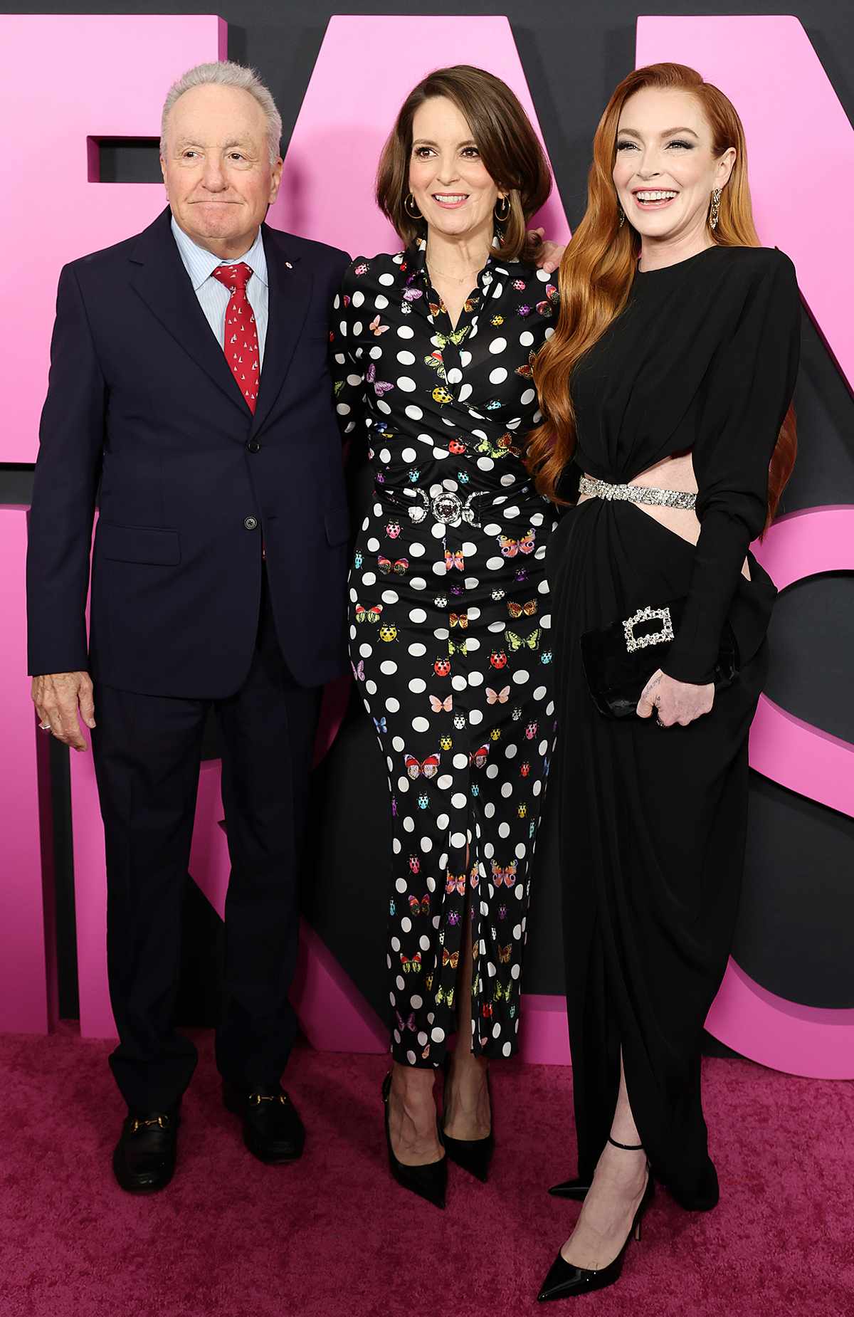 Lorne Michaels, Tina Fey and Lindsay Lohan attend the "Mean Girls" premiere at AMC Lincoln Square Theater on January 08, 2024 in New York City.