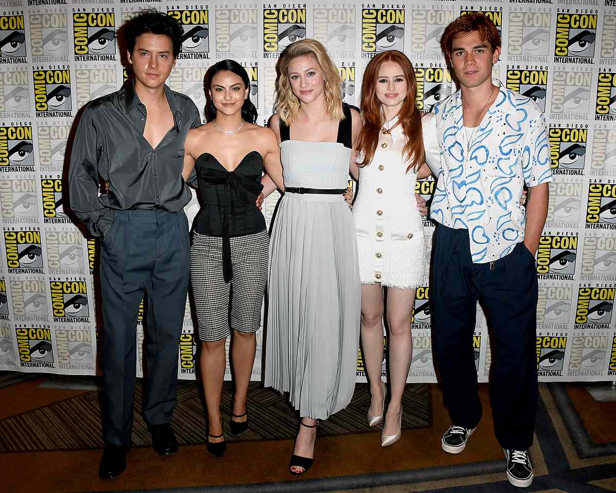 Cole Sprouse, Camila Mendes, Lili Reinhart, Madelaine Petsch, and K.J. Apa attend the "Riverdale" Photo Call during 2019 Comic-Con International at Hilton Bayfront on July 21, 2019
