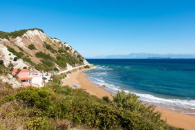 Stunning view down to the sea and the surrounding area from top of the mountain in Mathraki island, Greece