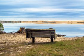 Single park bench on the shores of aptly named Silver Lake. Silver Lake State Park. Mears, Michigan.