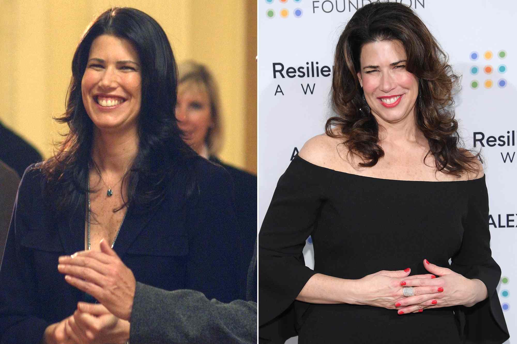 Melissa Fitzgerald in a photo from "The West Wing" and another of her wearing a black dress at a fundraiser in 2017.