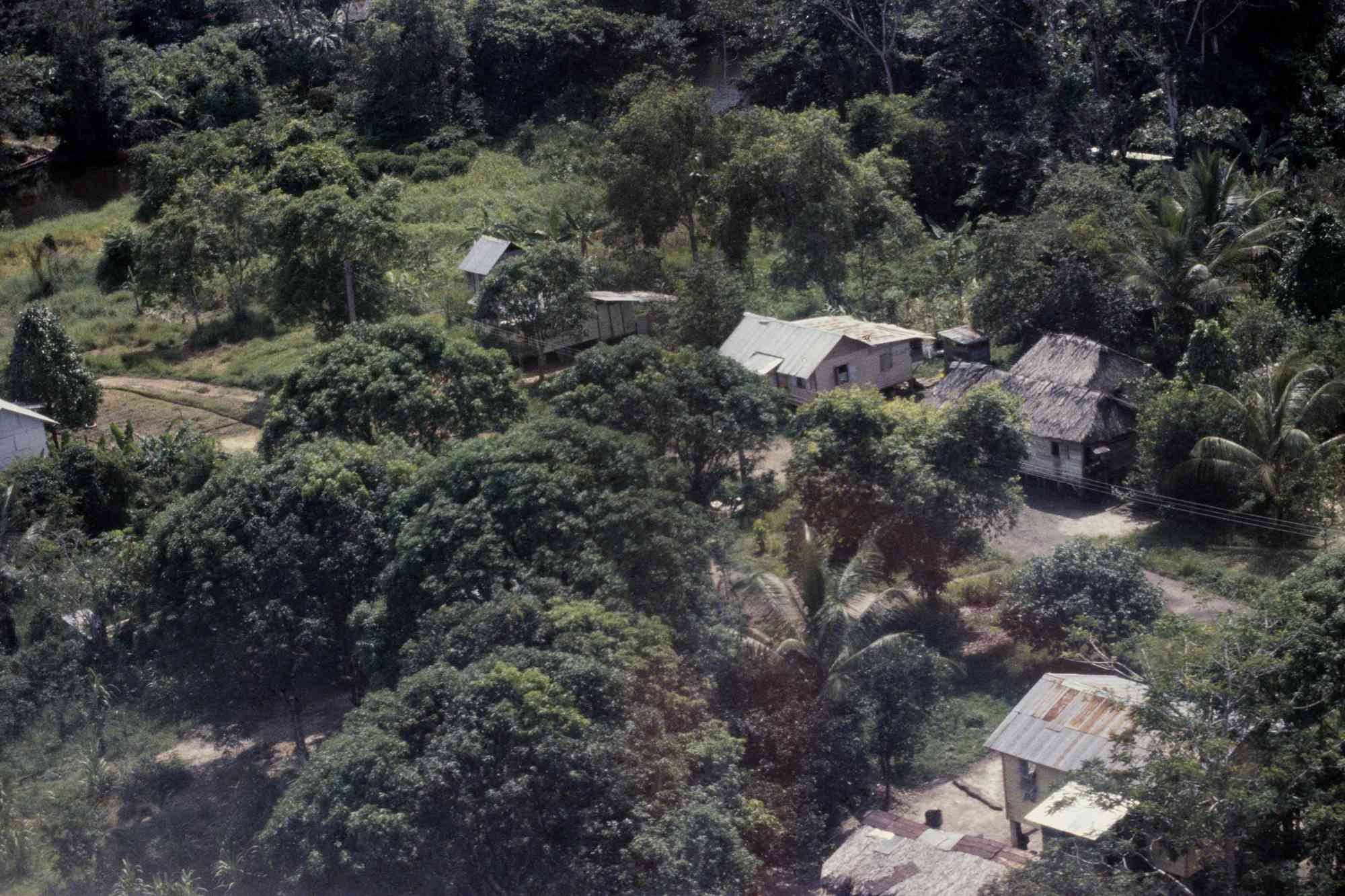 Aerial view of buildings at the Peoples Temple compound in Jonestown, Guyana.