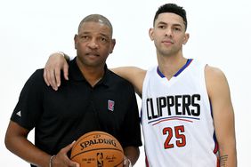 Doc Rivers with his son Austin Rivers during media day at the Los Angeles Clippers Training Center on September 26, 2016 in Playa Vista, California. 