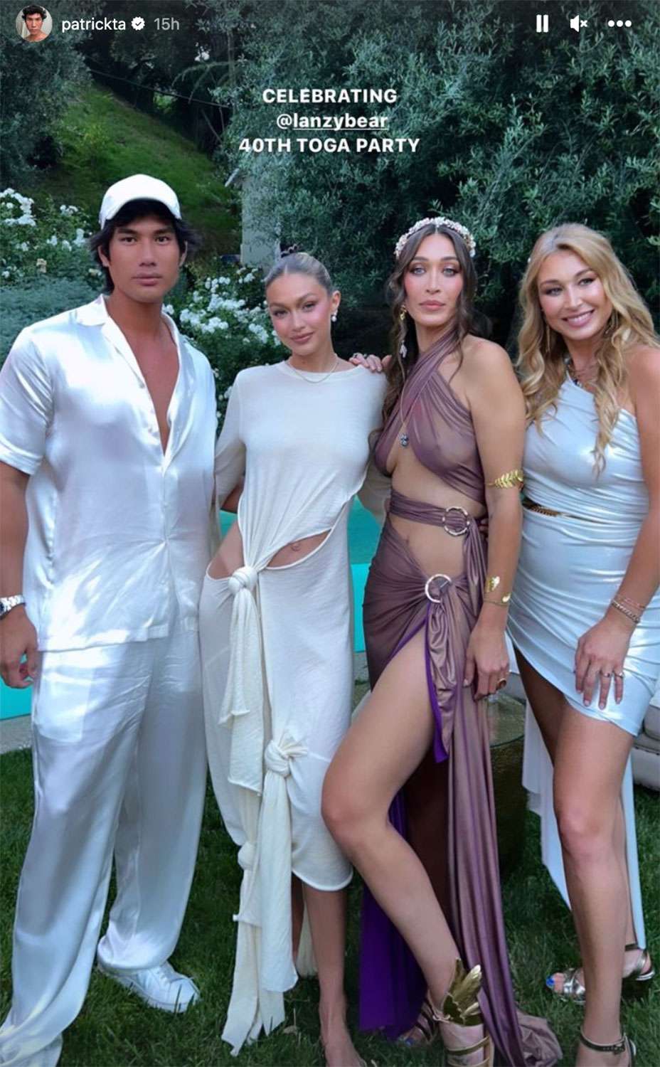 Gigi Hadid Celebrates sister Alana's 40th Birthday at Toga Party https://www.instagram.com/stories/gigihadid/3158047235983833396/ https://www.instagram.com/stories/patrickta/3158059429001878723/