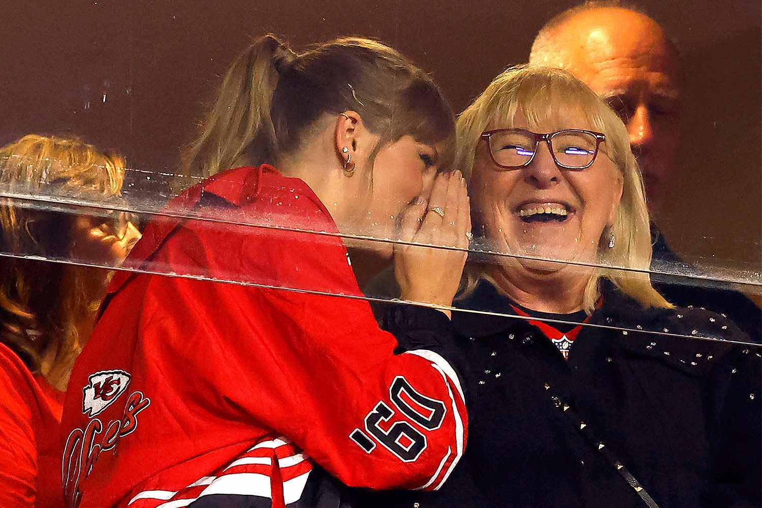 Taylor Swift and Donna Kelce look on before the game between the Kansas City Chiefs and the Denver Broncos at GEHA Field at Arrowhead Stadium on October 12, 2023