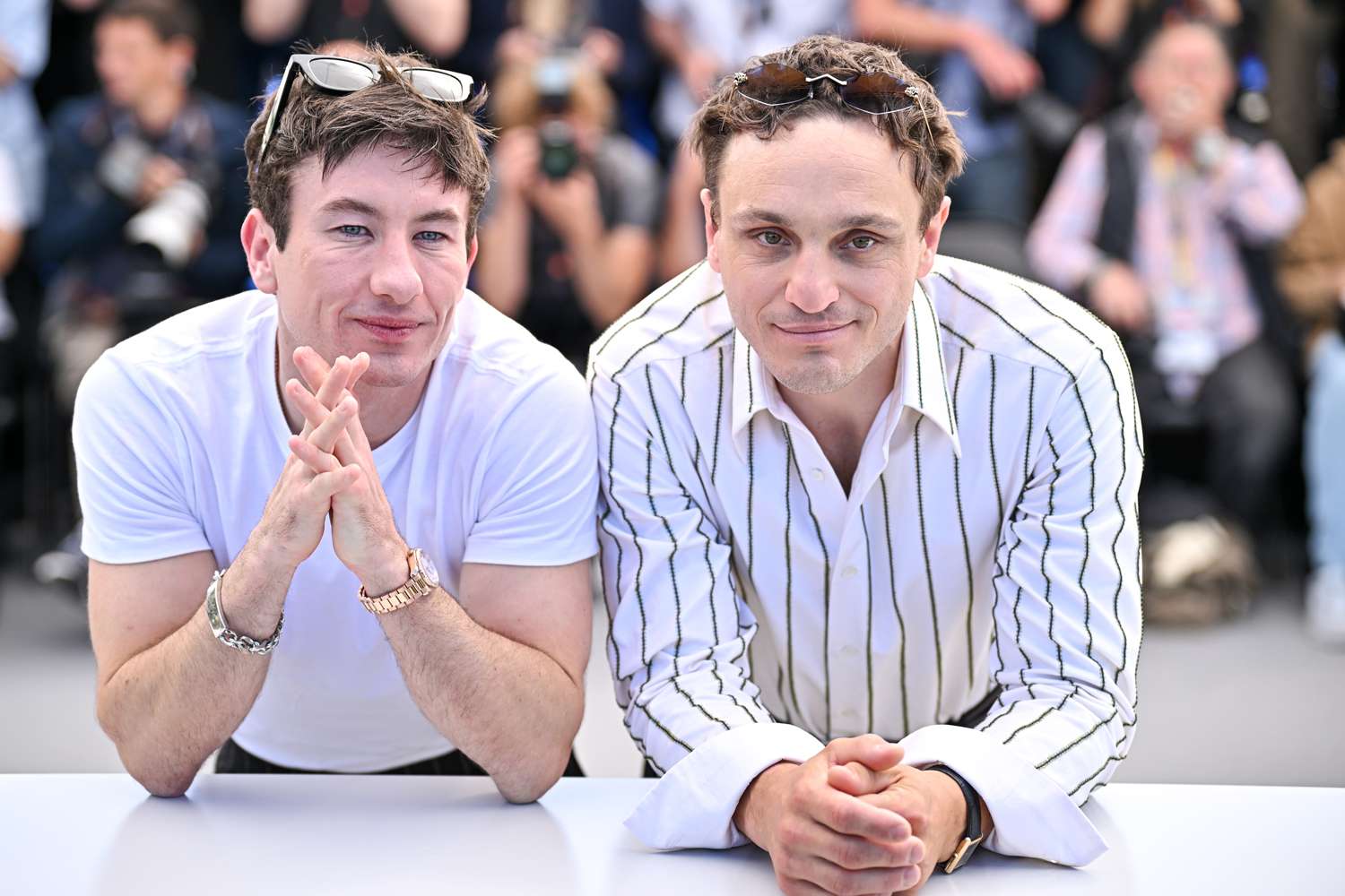 Barry Keoghan and Franz Rogowski attend the "Bird" Photocall at the 77th annual Cannes Film Festival at Palais des 