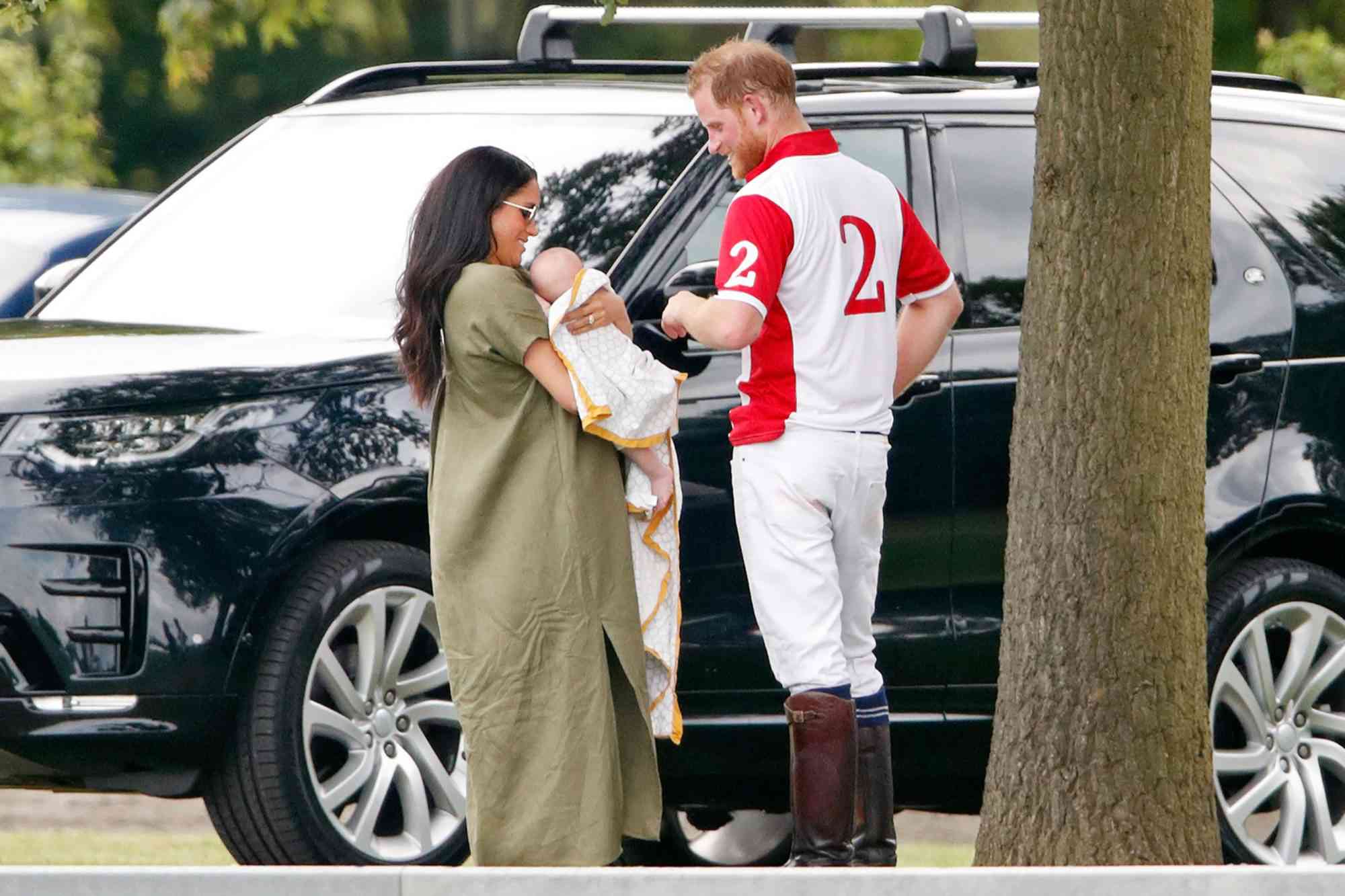 Meghan, Duchess of Sussex, Archie Harrison Mountbatten-Windsor and Prince Harry, Duke of Sussex attend the King Power Royal Charity Polo Match, in which Prince William, Duke of Cambridge and Prince Harry, Duke of Sussex were competing for the Khun Vichai Srivaddhanaprabha Memorial Polo Trophy at Billingbear Polo Club on July 10, 2019 in Wokingham, England.