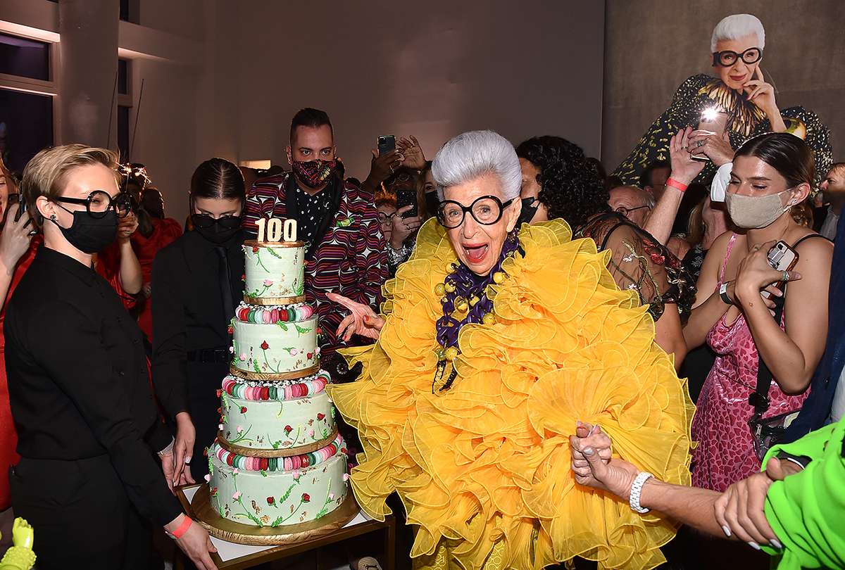 Iris Apfel with her birthday cake at her 100th Birthday Party at Central Park Tower on September 09, 2021 in New York City.