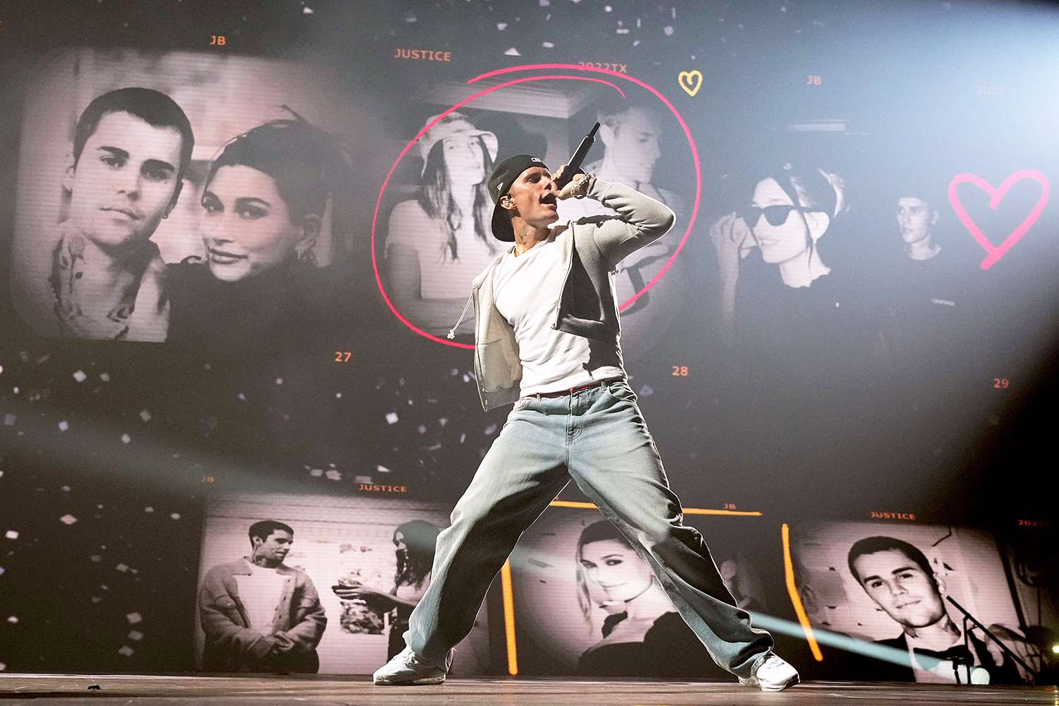 Justin Bieber performs onstage during the "Justice World Tour" at Pechanga Arena on February 18, 2022 in San Diego, California.