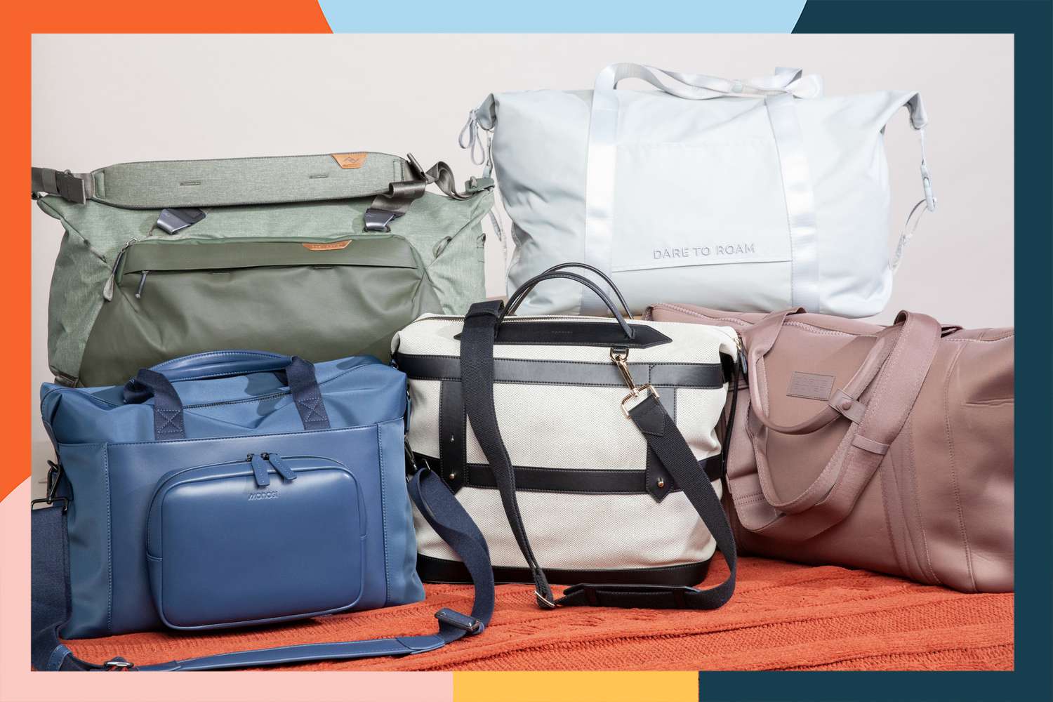 Five of the best weekender bags all together with a colorful border.