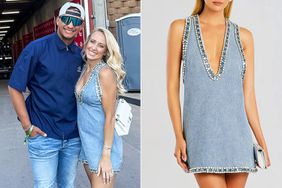 Brittany Mahomes poses with Patrick Mahomes at a Morgan Wallen concert; Stevie Embellished Denim Dress